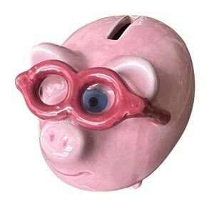 Ceramic‎ Coin Bank With Plug Rubber  Pink Pig Wearing Pink Glasses Collector